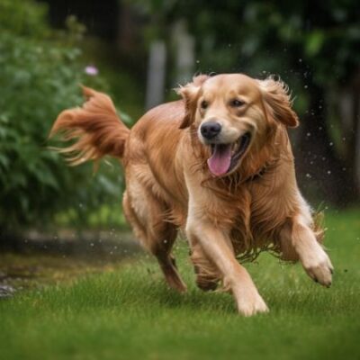 A happy golden retriever running on lush green grass, symbolizing the vitality and well-being supported by CHARM® Pet Food’s ethically sourced and sustainably produced beef dog food.