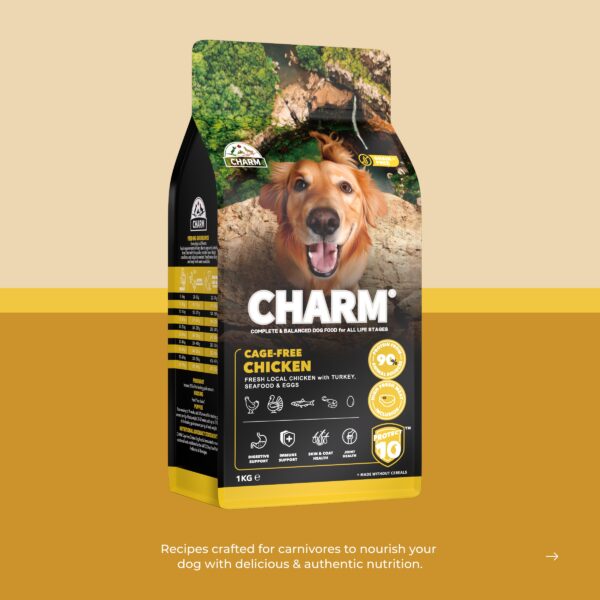 Front view of CHARM® Cage-Free Chicken Dry Dog Food packaging, highlighting its high-protein, low-carb formulation made with fresh local chicken, turkey, seafood, and eggs.
