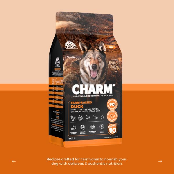 Front view of CHARM® Farm-Raised Duck Dry Dog Food packaging, highlighting its novel protein formula made with duck, turkey, krill, and eggs for digestive support and skin health.