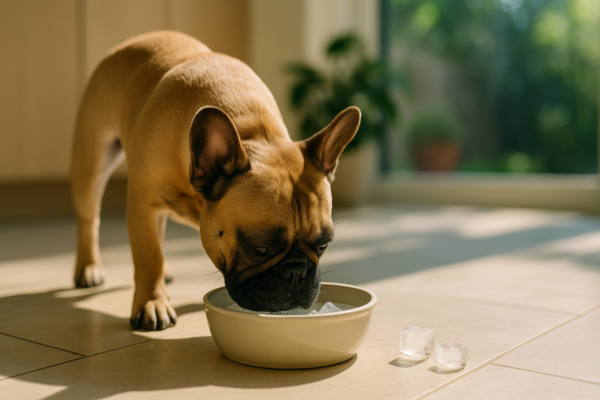 French Bulldog drinking from a ceramic bowl with ice cubes on a sunlit tiled floor during summer