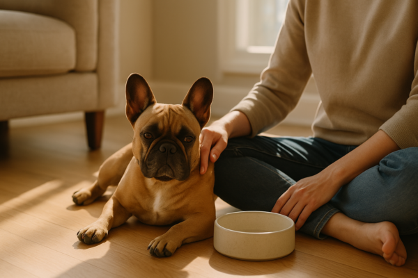 French Bulldog lying beside owner on a hardwood floor with gentle hand on its back in warm, natural light