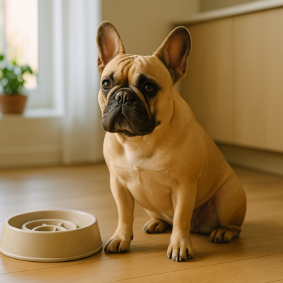Relaxed French Bulldog beside a slow feeder bowl in a warm, sunlit modern kitchen with natural light and wood floors