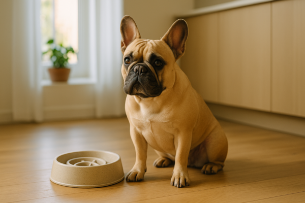 Relaxed French Bulldog beside a slow feeder bowl in a warm, sunlit modern kitchen with natural light and wood floors