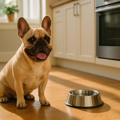 Healthy French Bulldog sitting in a sunlit modern kitchen beside a clean water bowl on hardwood floors