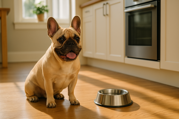 Healthy French Bulldog sitting in a sunlit modern kitchen beside a clean water bowl on hardwood floors