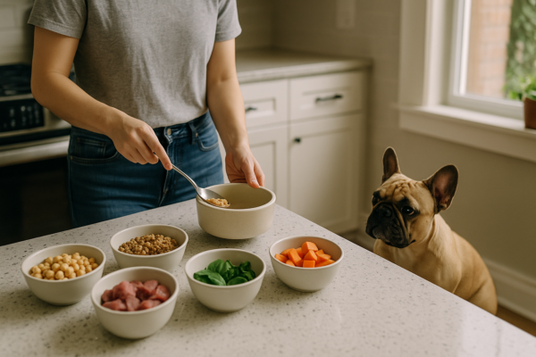 Owner scooping homemade dog food into a ceramic bowl as French Bulldog watches beside chickpeas, greens, and raw meat