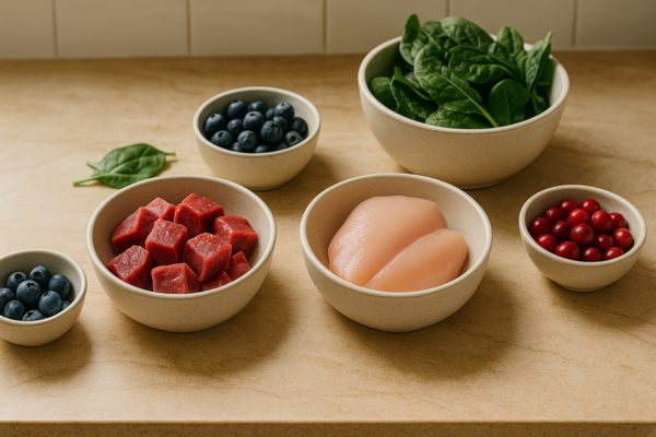 Raw ingredients including grass-fed beef, chicken breast, blueberries, cranberries, and spinach in ceramic bowls on a sunlit kitchen counter