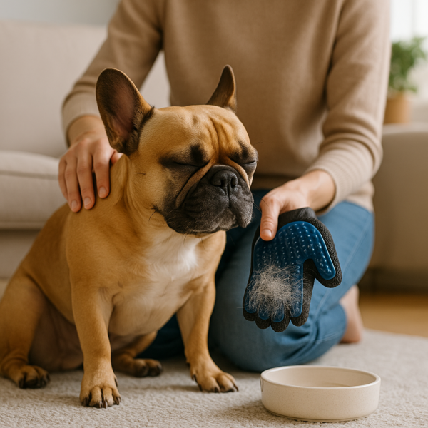 Owner gently brushing French Bulldog with grooming glove on living room rug; loose fur visible on glove in natural light