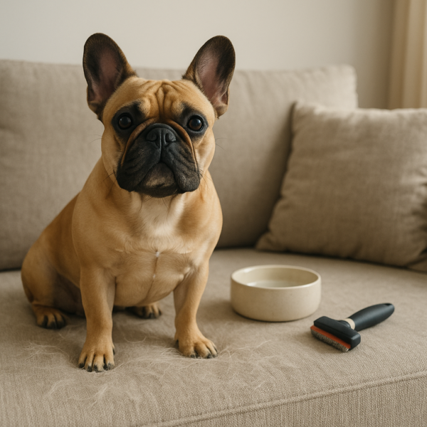 French Bulldog sitting on beige sofa amid loose fur with nearby grooming brush in soft natural light, illustrating everyday shedding care