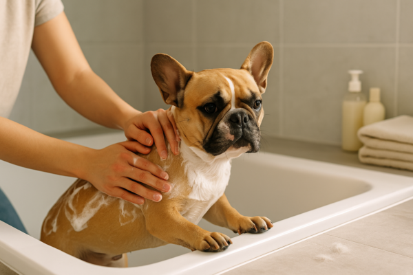Calm French Bulldog in tub being rinsed by owner with natural shampoo foam on coat in bright, clean bathroom
