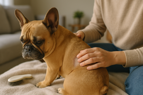 Owner gently parting French Bulldog’s coat to examine a small thinning patch, highlighting proactive care under soft natural light
