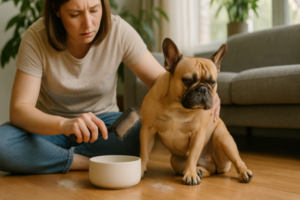Concerned owner brushing French Bulldog indoors; loose fur on brush and floor signals heavy shedding under natural light