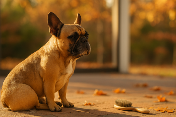 French Bulldog on sunlit patio with loose fur and grooming brush; warm autumn light and fallen leaves show seasonal shedding