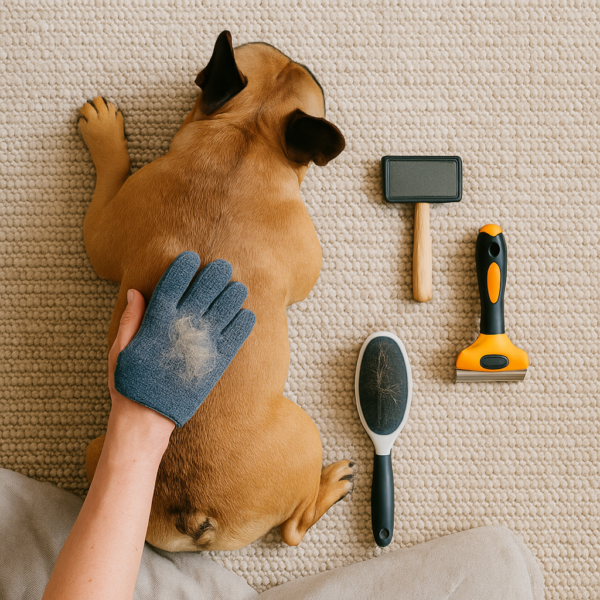 Top-down French Bulldog on rug as owner grooms with glove holding fur; slicker brush and de-shedding tool neatly beside