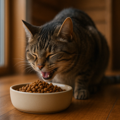 A tabby cat is happily eating dry food from a bowl on a wooden floor, with a snowy window scene in the background.