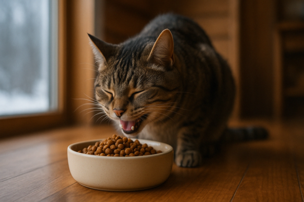 A tabby cat is happily eating dry food from a bowl on a wooden floor, with a snowy window scene in the background.