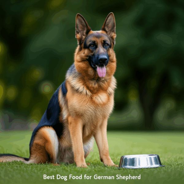 Majestic German Shepherd with a glossy coat, looking alert and healthy, sitting next to a bowl of CHARM® premium dry dog food in a natural outdoor setting, symbolizing the best nutrition for the breed.