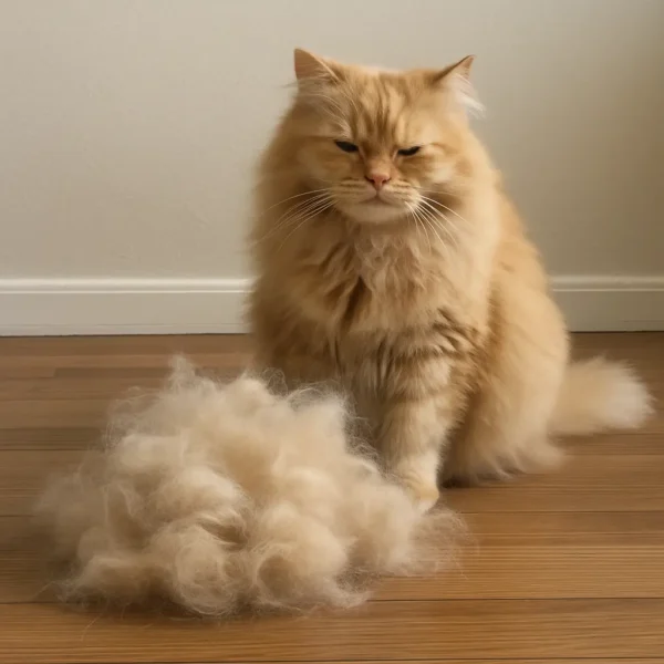 A long-haired ginger cat sitting on a wooden floor, looking unamused at a large pile of its own brushed-out fur, illustrating the effects of cat shedding season.