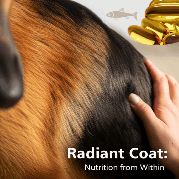Close-up of a German Shepherd's radiant, shiny coat, with krill oil capsules in the background, demonstrating how premium dog food rich in Omega-3s like CHARM® Pet Food improves skin and coat health.