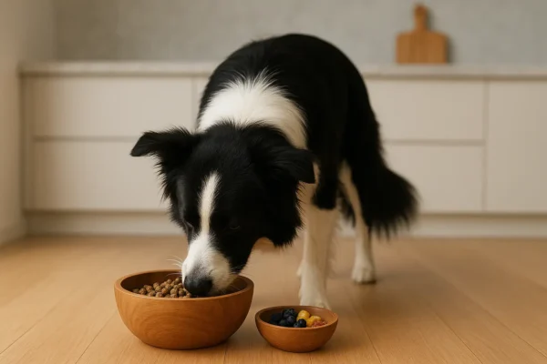 A black and white Border Collie dog eating kibble from a wooden bowl on a light wood floor in a modern kitchen, with a small bowl of blueberries and cranberries nearby.