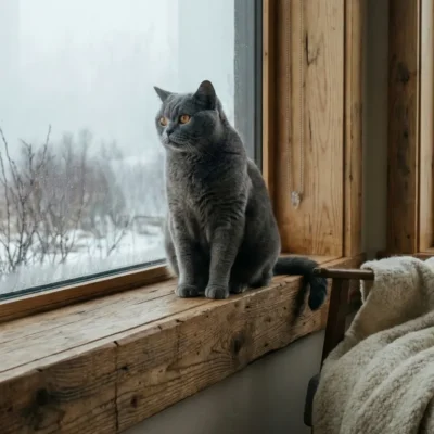 English: A grey cat sitting on a wooden windowsill looking out at a snowy winter scene.