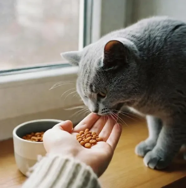 A grey British Shorthair cat eating dry kibble from a person's hand near a window