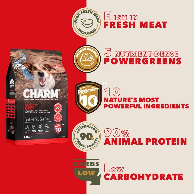 charm-beef-dog-food-benefits CHARM® Grass-Fed Beef Dog Food packaging with key benefits highlighted, including high fresh meat content, nutrient-dense powergreens, Protect 10 ingredients, 90% animal protein, and low carbohydrates—promoting sustainability, freshness, and optimal dog nutrition.